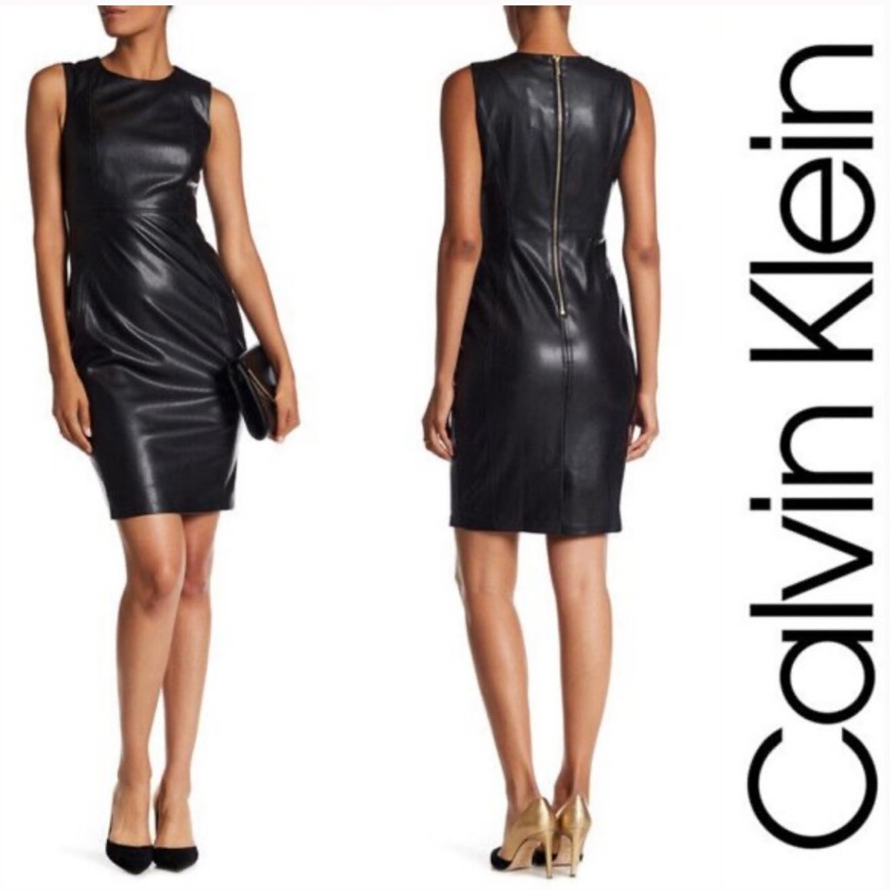 Calvin Klein Black Sheath Faux Leather Sleeveless Dress Sz 8